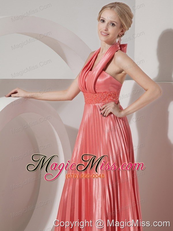 wholesale watermelon red column halter floor-length elastic woven satin beading prom dress