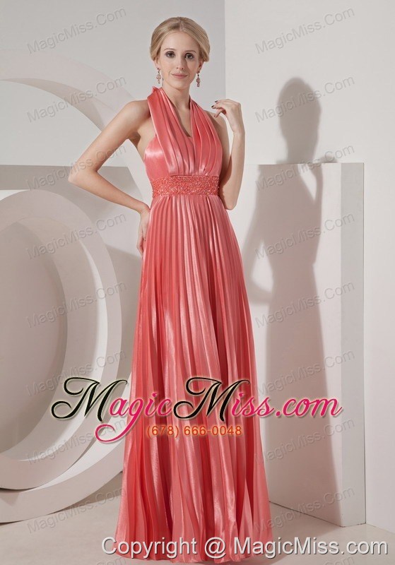 wholesale watermelon red column halter floor-length elastic woven satin beading prom dress