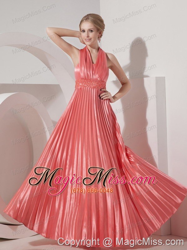 wholesale watermelon red column halter floor-length elastic woven satin beading prom dress