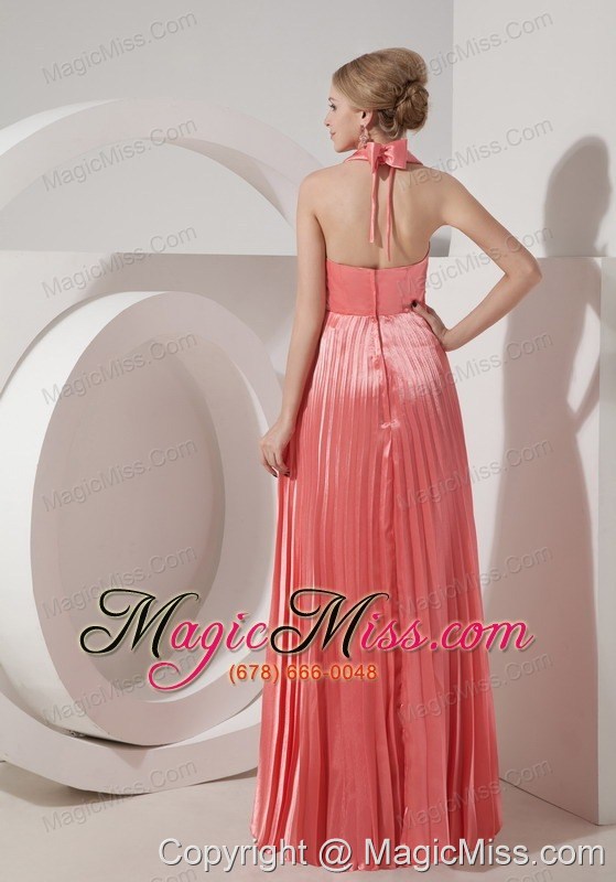 wholesale watermelon red column halter floor-length elastic woven satin beading prom dress