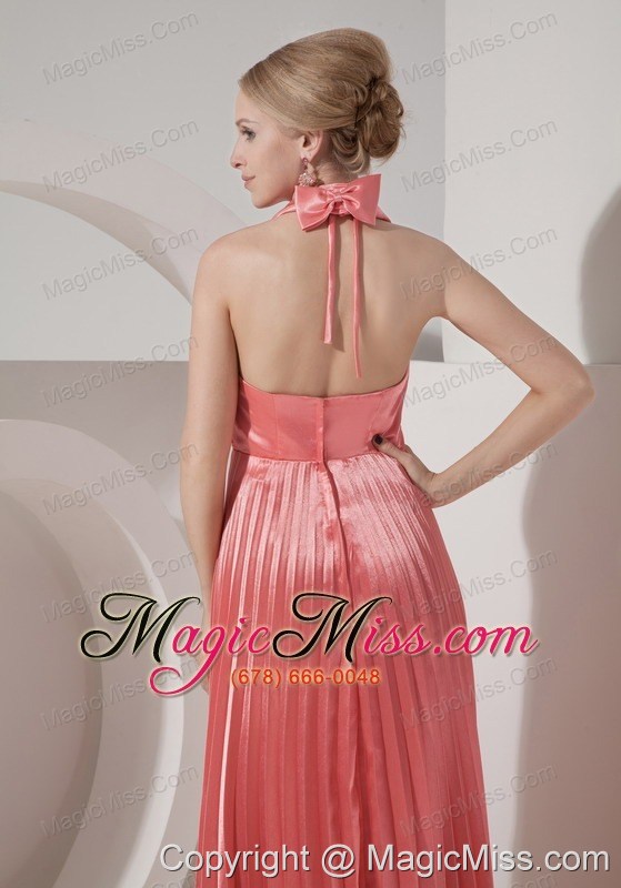 wholesale watermelon red column halter floor-length elastic woven satin beading prom dress