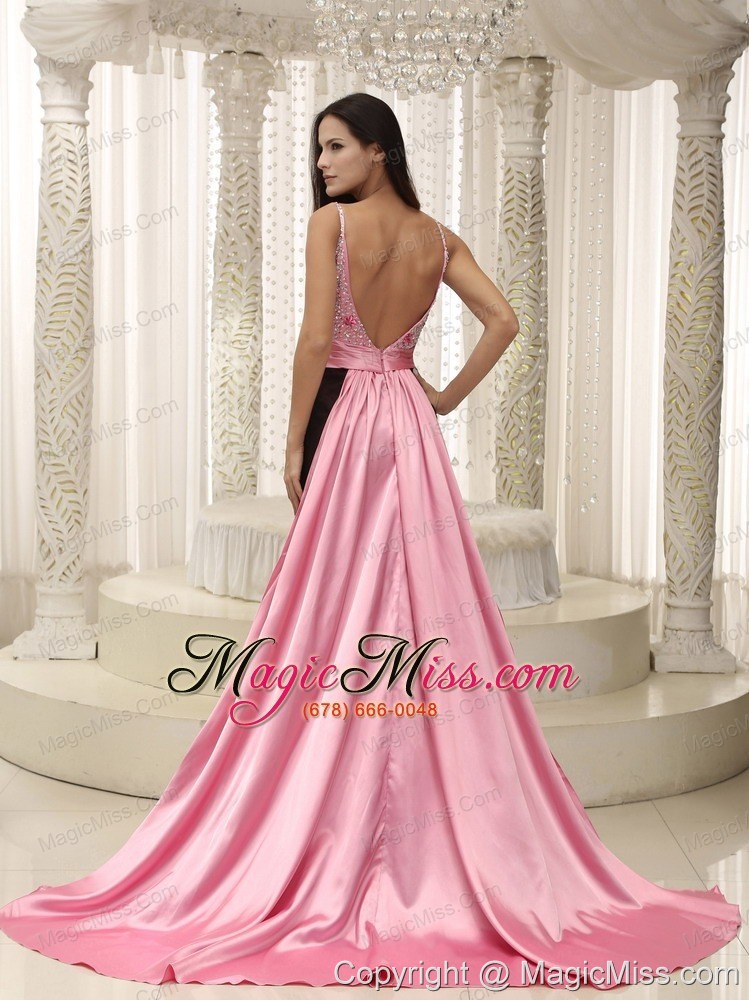 wholesale straps beaded decorate bust ruch chiffon and elastin woven satin for 2013 prom dress