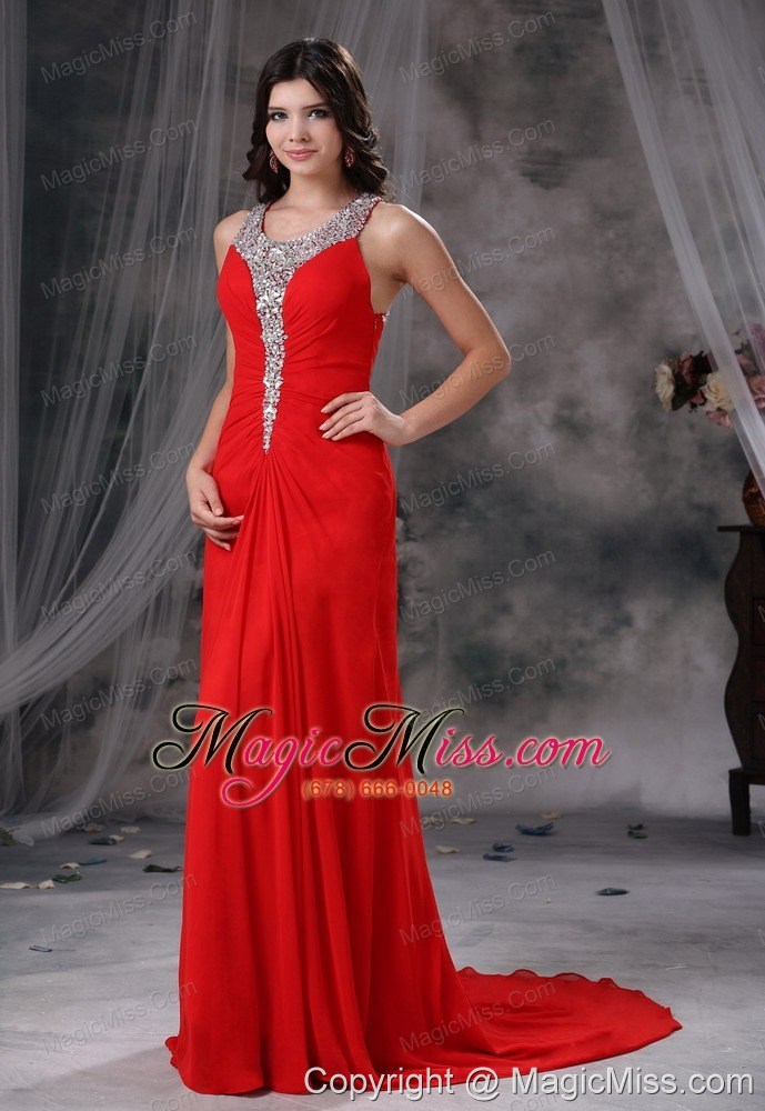 wholesale grinnell iowa beaded decorate scoop neckline and bust brush train red chiffon exclusive style for 2013 prom / evening dress