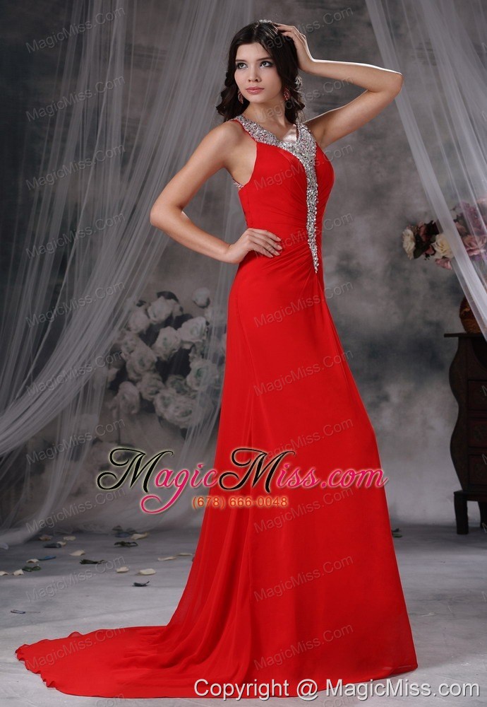 wholesale grinnell iowa beaded decorate scoop neckline and bust brush train red chiffon exclusive style for 2013 prom / evening dress