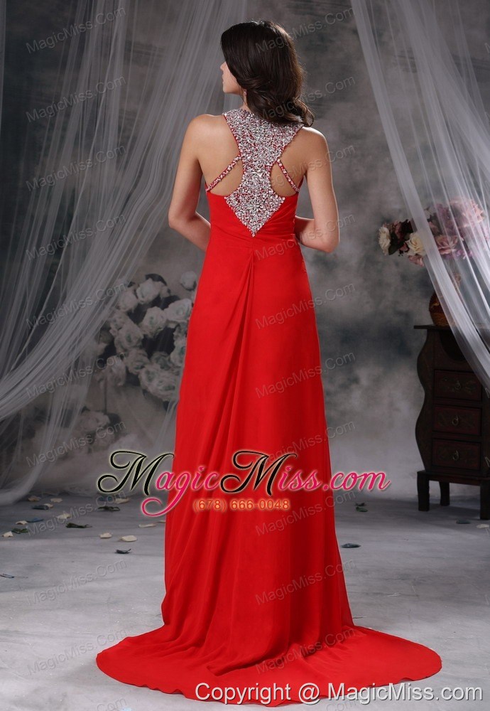 wholesale grinnell iowa beaded decorate scoop neckline and bust brush train red chiffon exclusive style for 2013 prom / evening dress