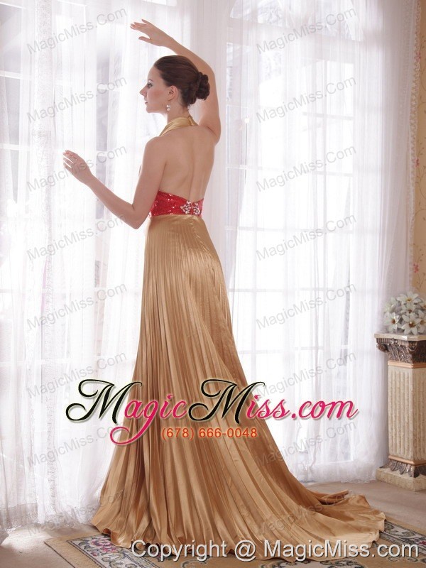 wholesale popular empire halter brush train elastic woven satin rhinestones prom dress