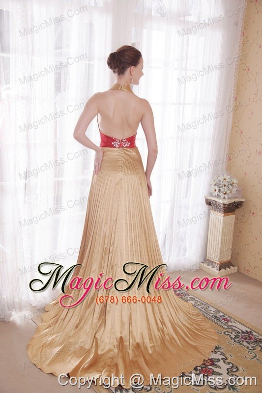 wholesale popular empire halter brush train elastic woven satin rhinestones prom dress