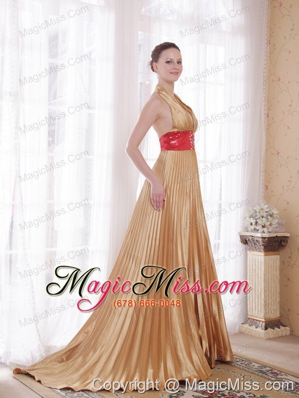 wholesale popular empire halter brush train elastic woven satin rhinestones prom dress