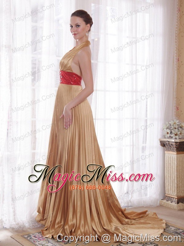 wholesale popular empire halter brush train elastic woven satin rhinestones prom dress