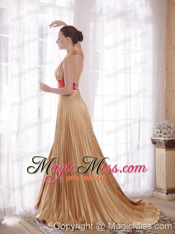 wholesale popular empire halter brush train elastic woven satin rhinestones prom dress