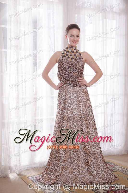 wholesale sexy empire high-neck brush train leopard beading prom dress