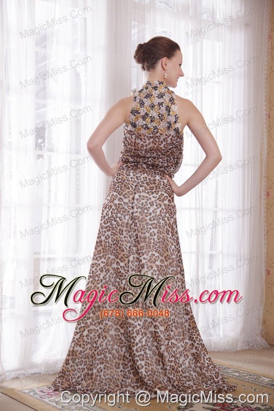 wholesale sexy empire high-neck brush train leopard beading prom dress