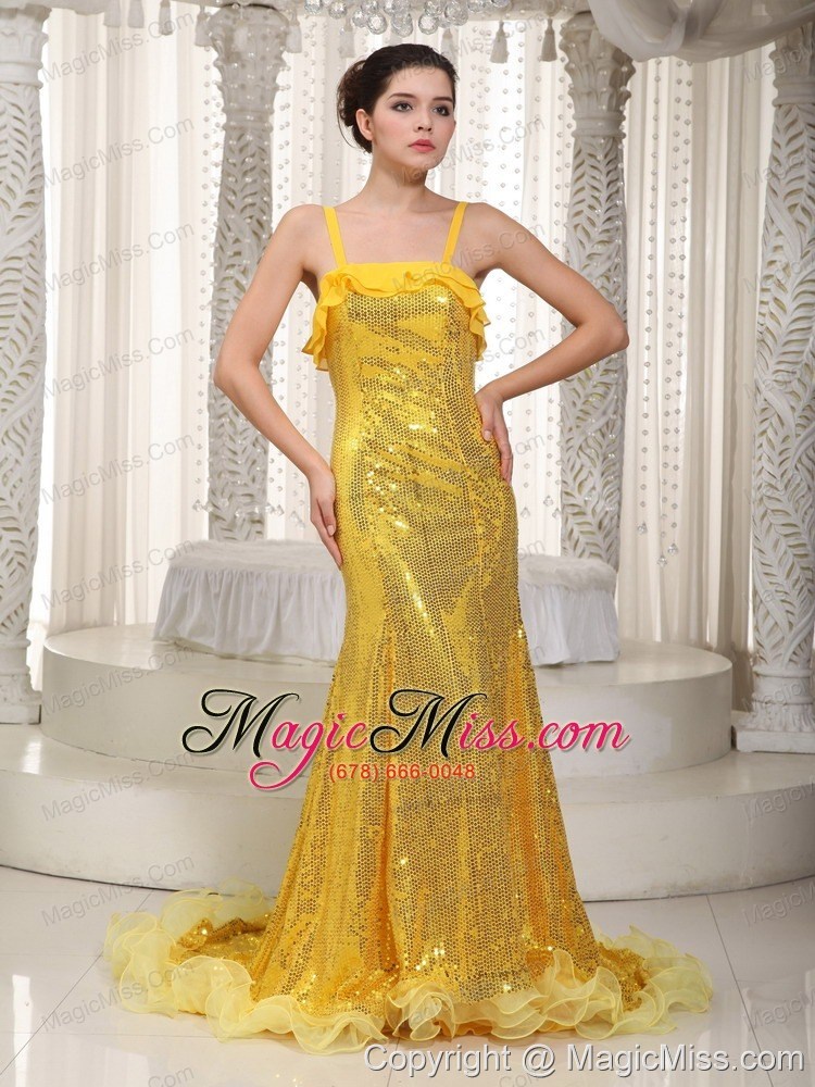 wholesale yellow mermaid straps brush train sequin prom dress