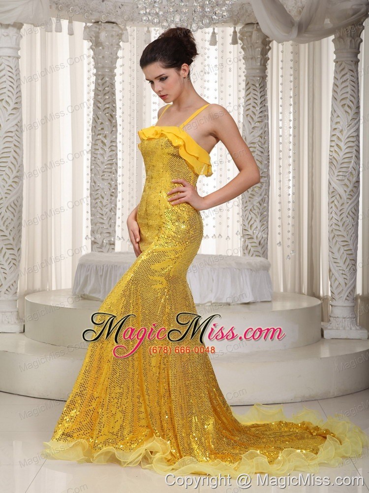 wholesale yellow mermaid straps brush train sequin prom dress