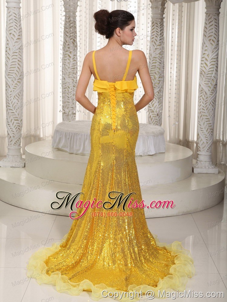 wholesale yellow mermaid straps brush train sequin prom dress