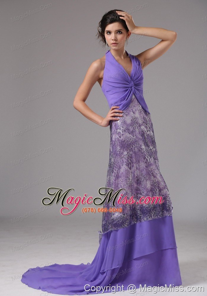 wholesale purrple custom made halter ruched bodice for rrom dress in california