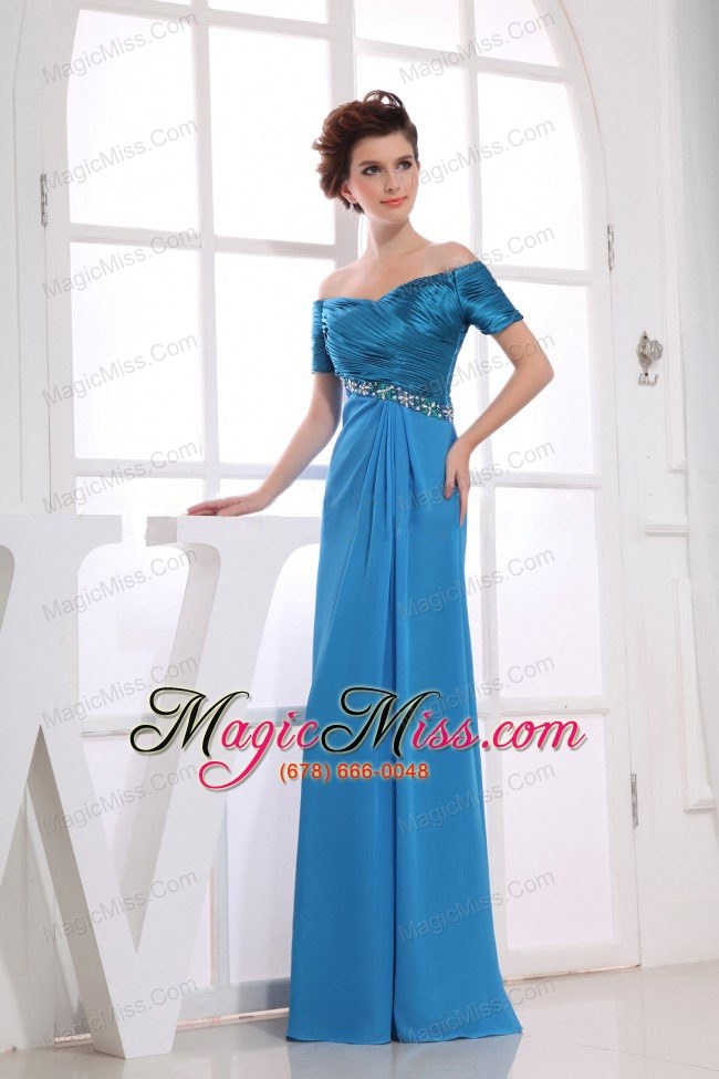 wholesale beading decorate bodice off the shoulder blue chiffon and taffeta 2013 prom dress floor-length