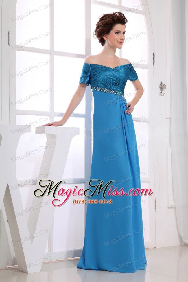 wholesale beading decorate bodice off the shoulder blue chiffon and taffeta 2013 prom dress floor-length