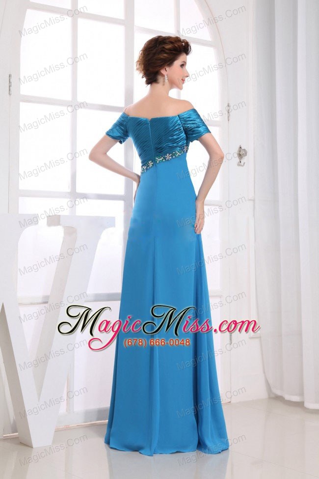 wholesale beading decorate bodice off the shoulder blue chiffon and taffeta 2013 prom dress floor-length