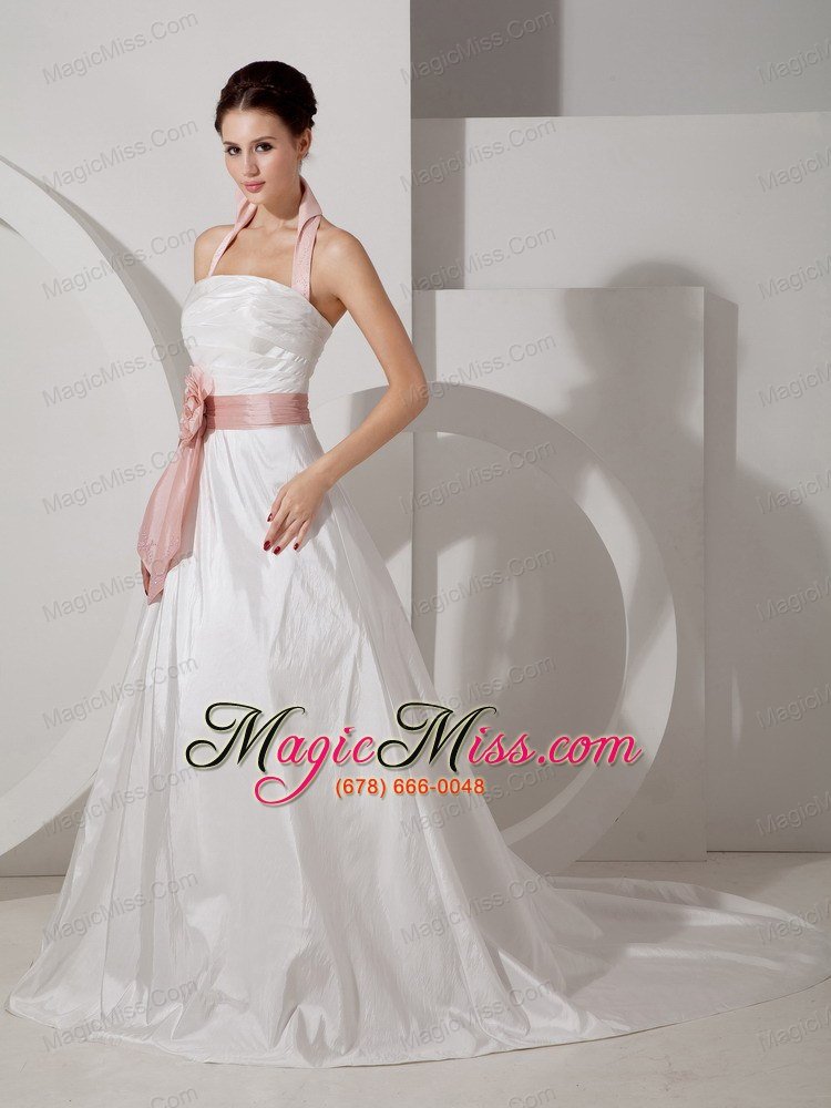 wholesale affordable a-line halter court train taffeta sash and ruch wedding dress