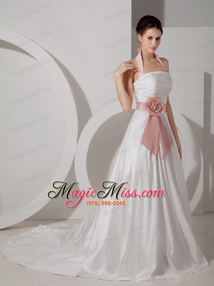 wholesale affordable a-line halter court train taffeta sash and ruch wedding dress