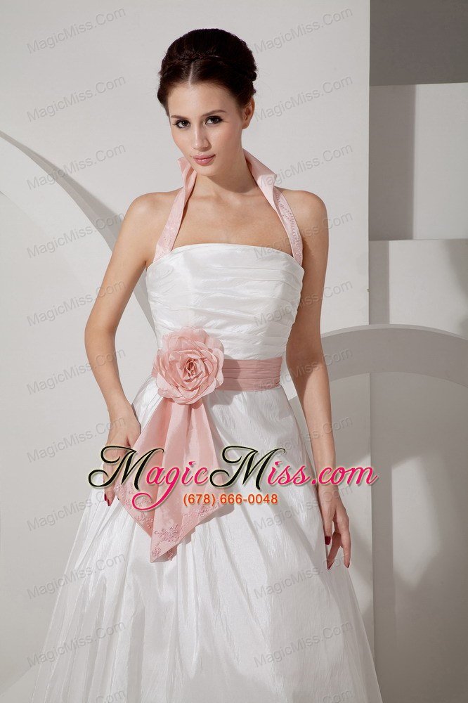 wholesale affordable a-line halter court train taffeta sash and ruch wedding dress