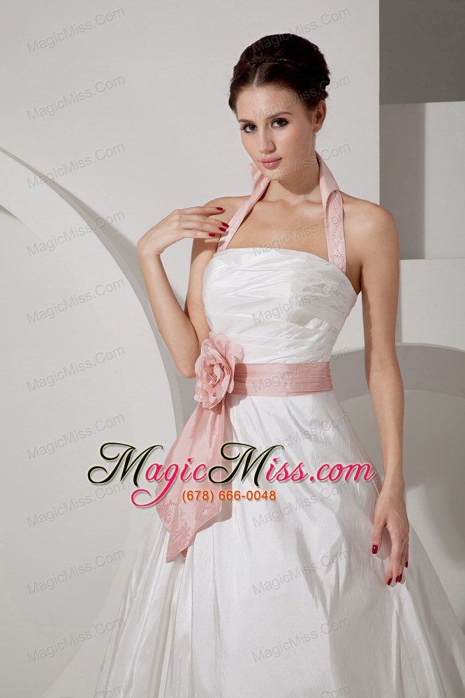 wholesale affordable a-line halter court train taffeta sash and ruch wedding dress