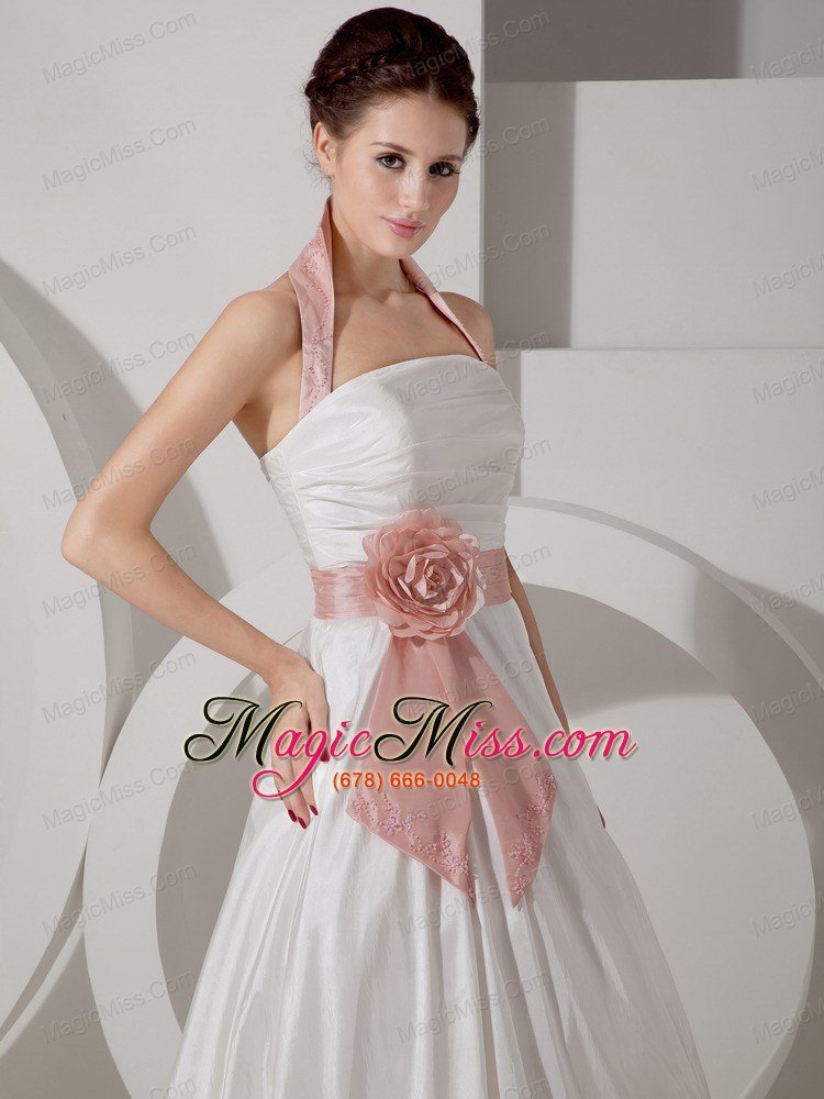 wholesale affordable a-line halter court train taffeta sash and ruch wedding dress