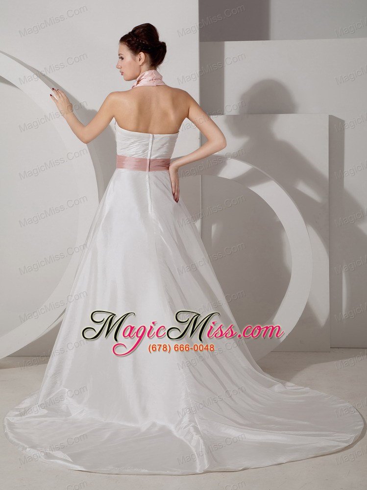 wholesale affordable a-line halter court train taffeta sash and ruch wedding dress