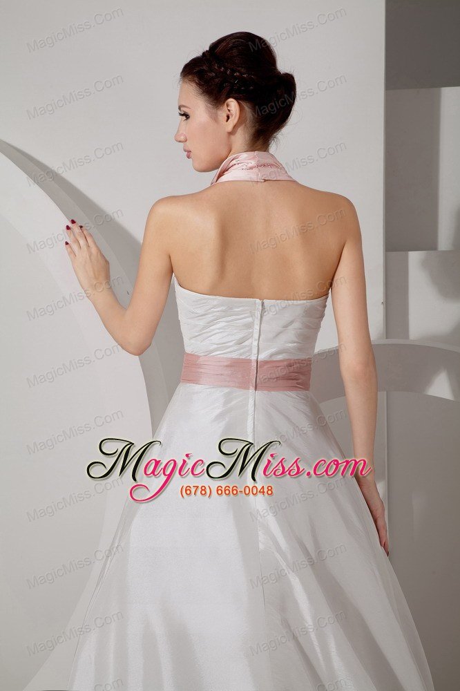 wholesale affordable a-line halter court train taffeta sash and ruch wedding dress