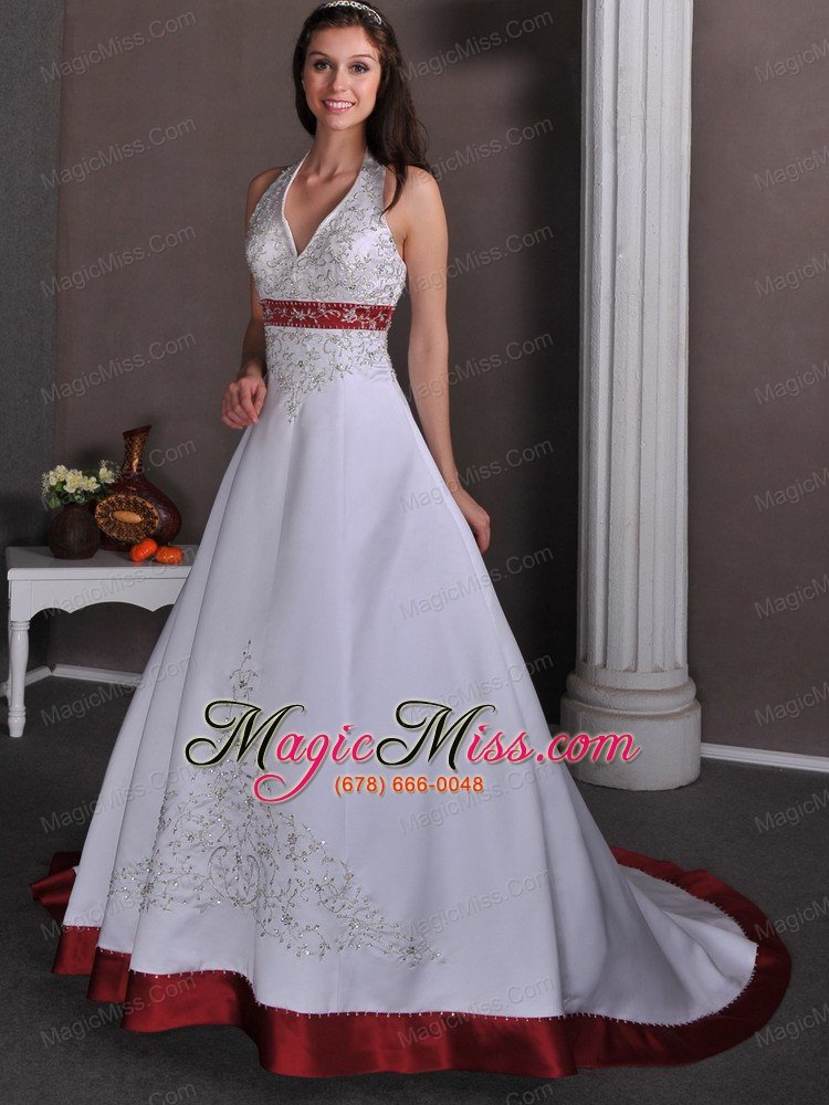 wholesale luxurious a-line halter chapel train satin appliques with beading wedding dress