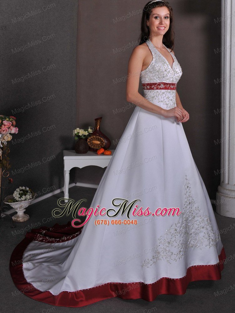 wholesale luxurious a-line halter chapel train satin appliques with beading wedding dress