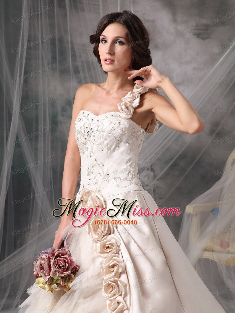 wholesale champagne a-line / princess one shoulder chapel train satin hand flowers