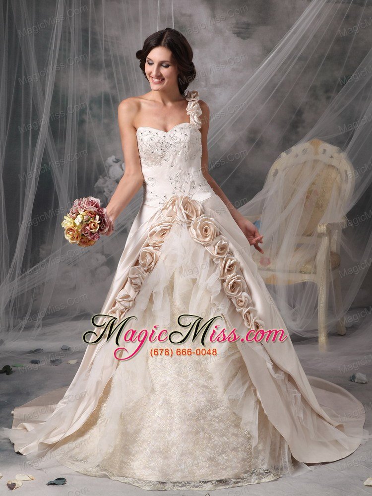 wholesale champagne a-line / princess one shoulder chapel train satin hand flowers