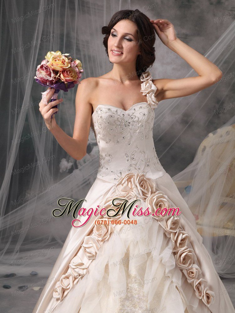 wholesale champagne a-line / princess one shoulder chapel train satin hand flowers