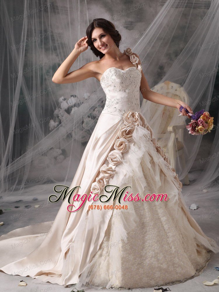 wholesale champagne a-line / princess one shoulder chapel train satin hand flowers