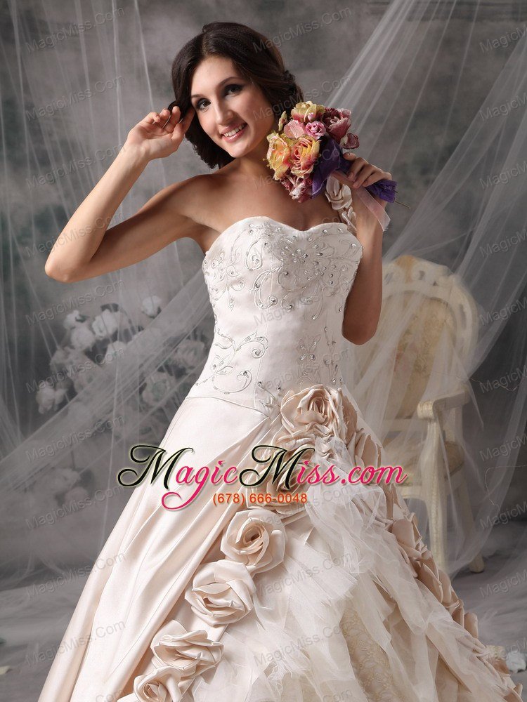 wholesale champagne a-line / princess one shoulder chapel train satin hand flowers