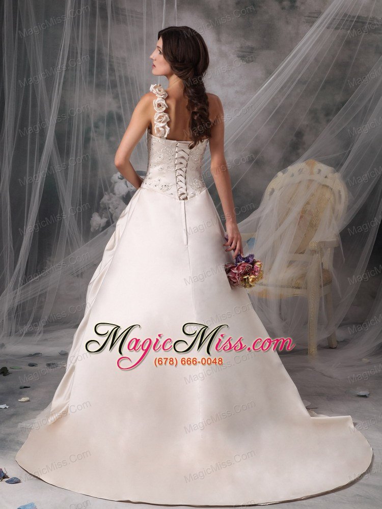 wholesale champagne a-line / princess one shoulder chapel train satin hand flowers