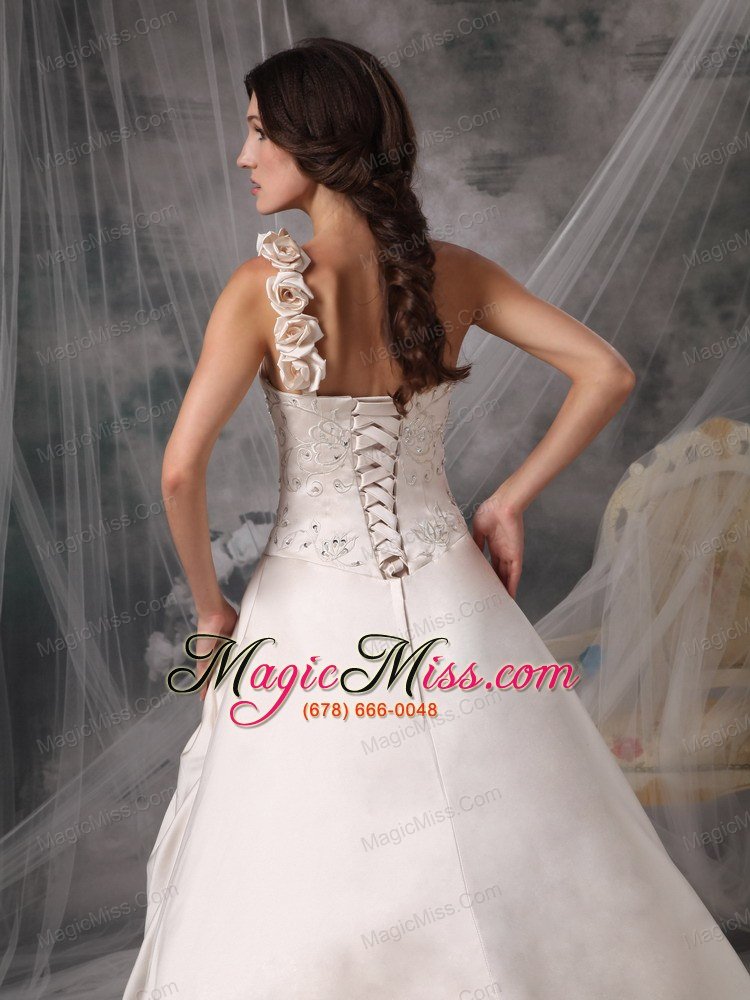 wholesale champagne a-line / princess one shoulder chapel train satin hand flowers