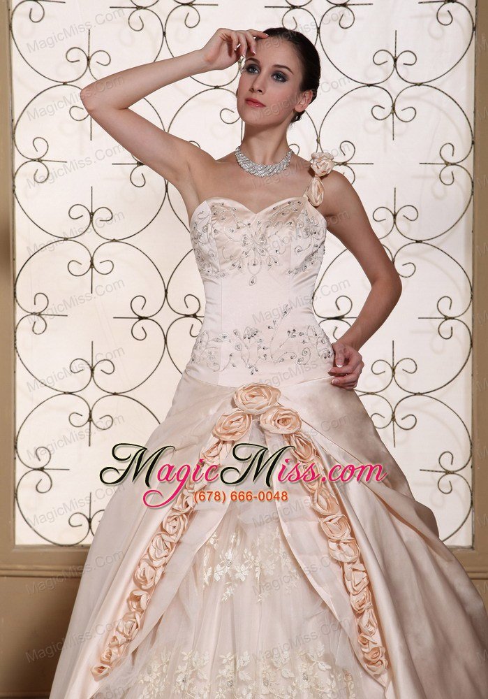 wholesale one shoulder champagne ball gown wedding dress for 2013 hand made flowers and embroidery on satin