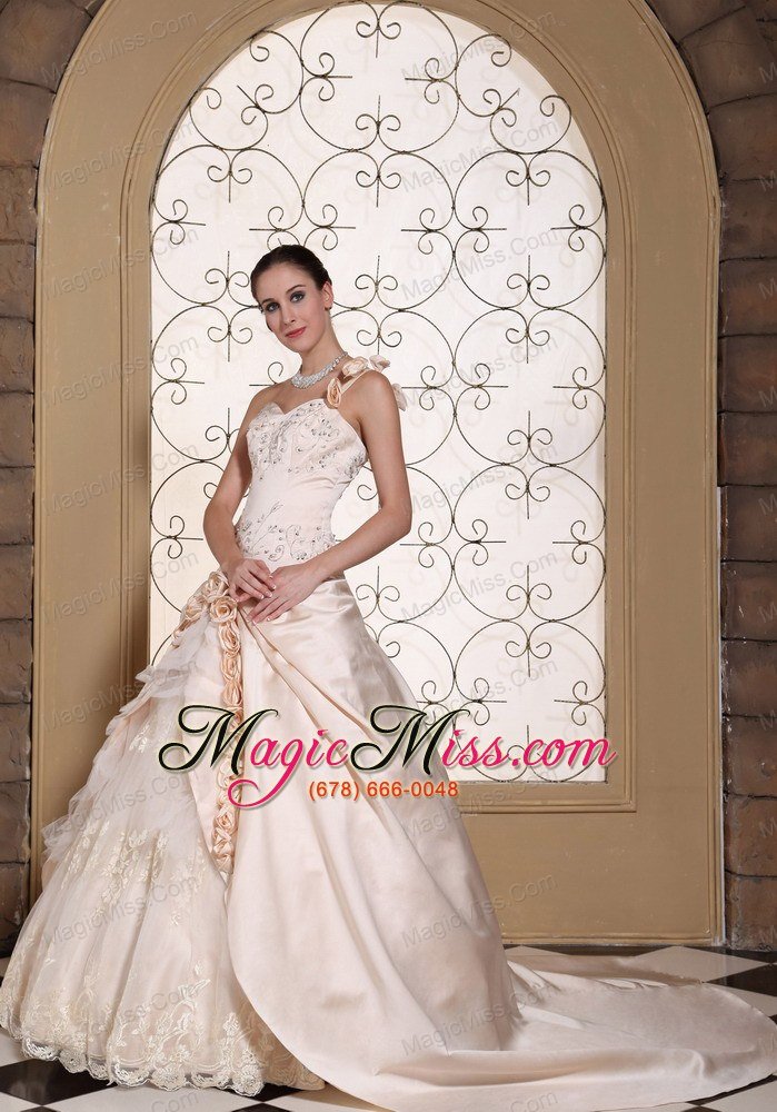 wholesale one shoulder champagne ball gown wedding dress for 2013 hand made flowers and embroidery on satin