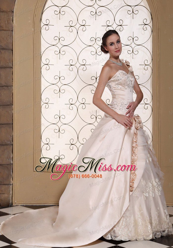 wholesale one shoulder champagne ball gown wedding dress for 2013 hand made flowers and embroidery on satin