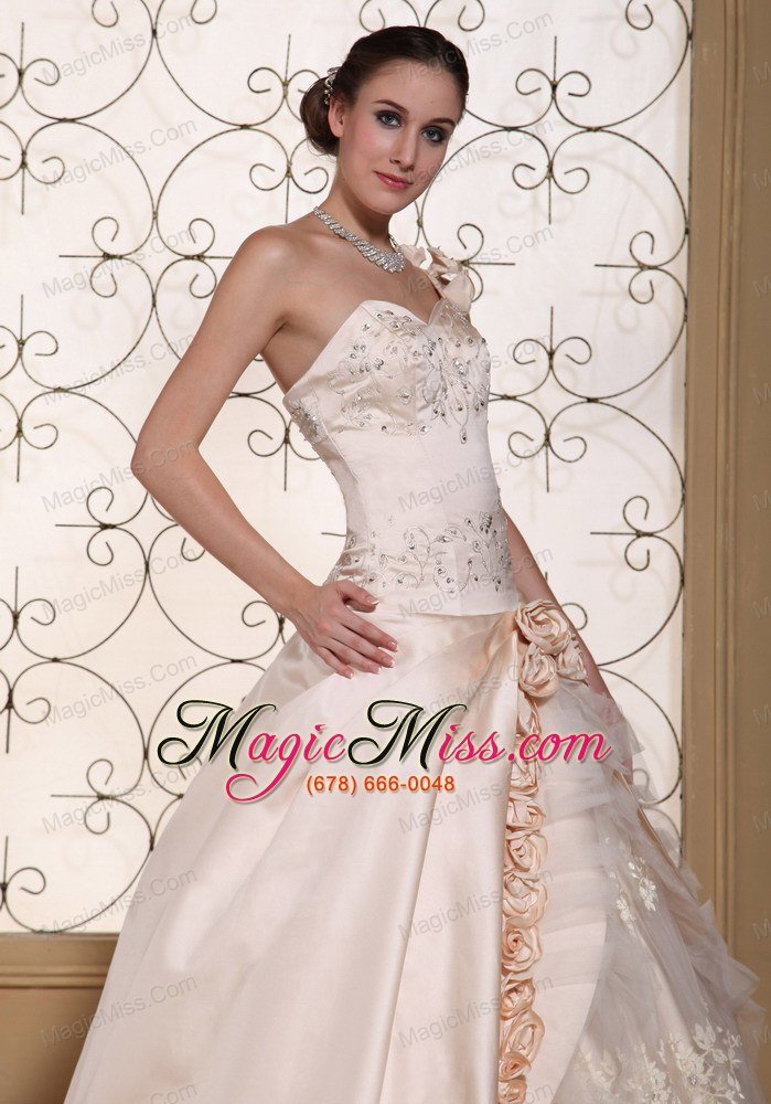 wholesale one shoulder champagne ball gown wedding dress for 2013 hand made flowers and embroidery on satin