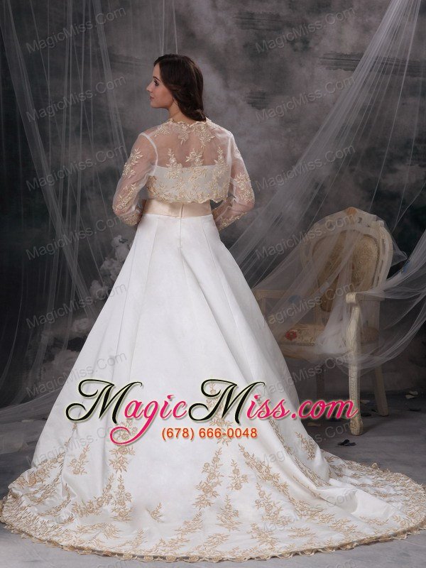 wholesale white a-line strapless court train satin embriodery wedding dress