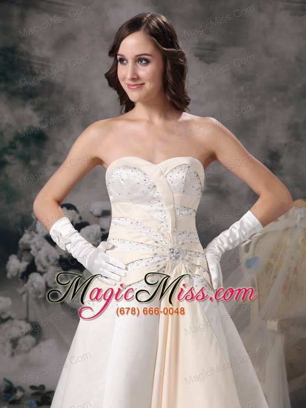 wholesale white and champagne a-line sweetheart brush train satin beading wedding dress