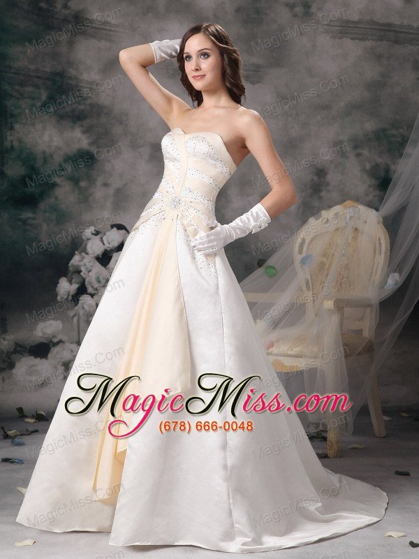 wholesale white and champagne a-line sweetheart brush train satin beading wedding dress