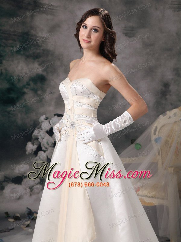 wholesale white and champagne a-line sweetheart brush train satin beading wedding dress