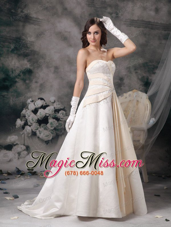 wholesale white and champagne a-line sweetheart brush train satin beading wedding dress