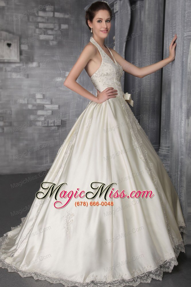 wholesale fashionable a-line/princess halter brush/sweep satin lace and beading wedding dress