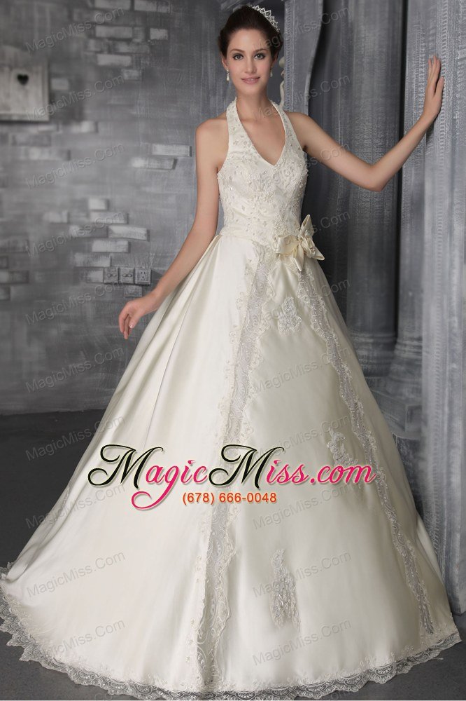 wholesale fashionable a-line/princess halter brush/sweep satin lace and beading wedding dress